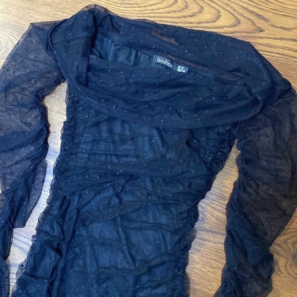 🌷 Boohoo🌷 Black Long Sheer Lace Sleeve Overlay Off Shoulder  Dress - Picture 5 of 10